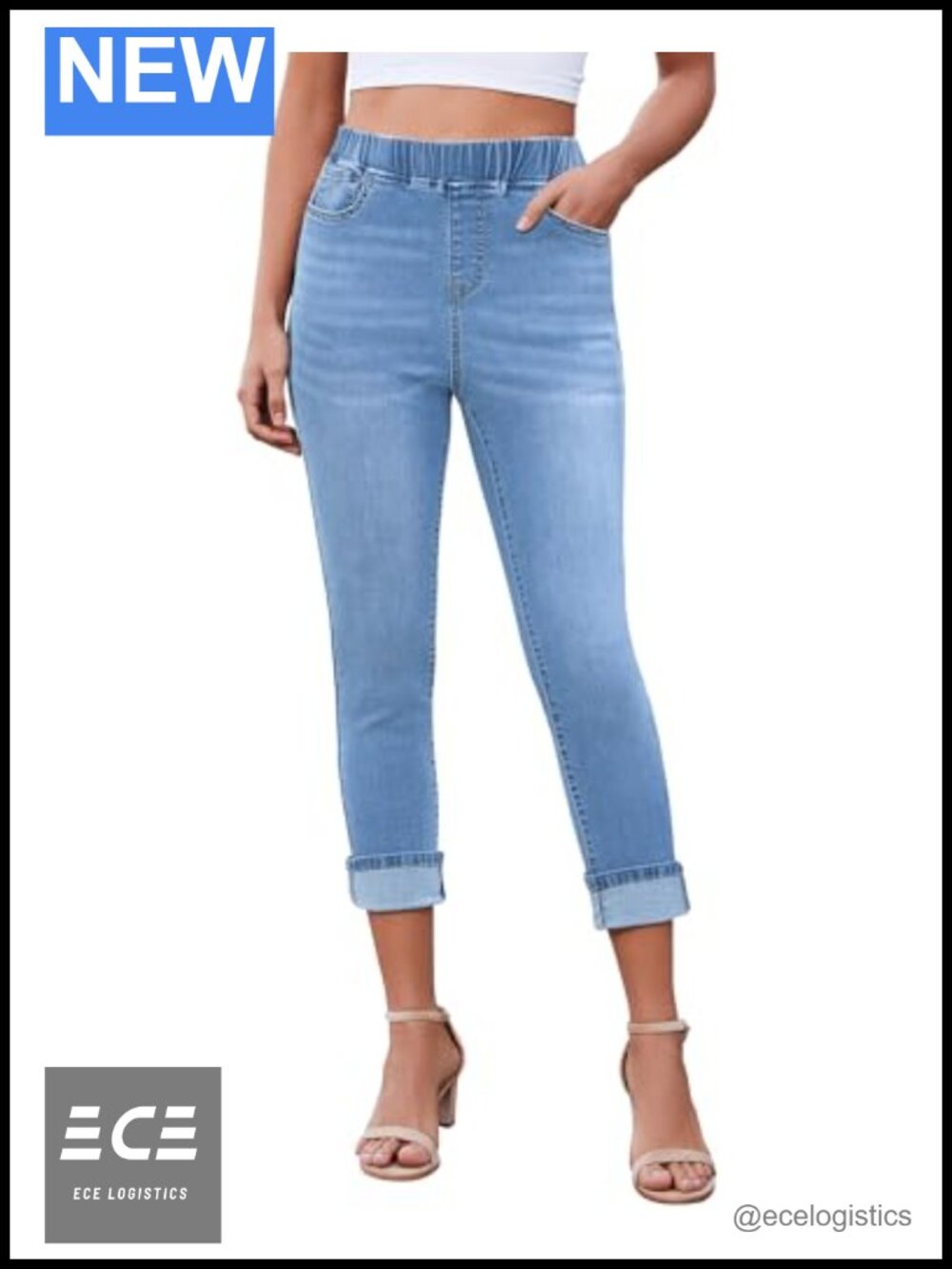 High Waisted Pull On Capri Jeggings Skinny Fit Stretch Denim